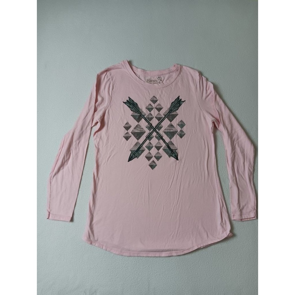 Hanes Womens L Pink Long Sleeve Graphic Tee Arrows Aztec Geometric Tunic Top